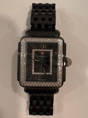 Michele Black Ceramic Square Watch with Diamond Bezel
